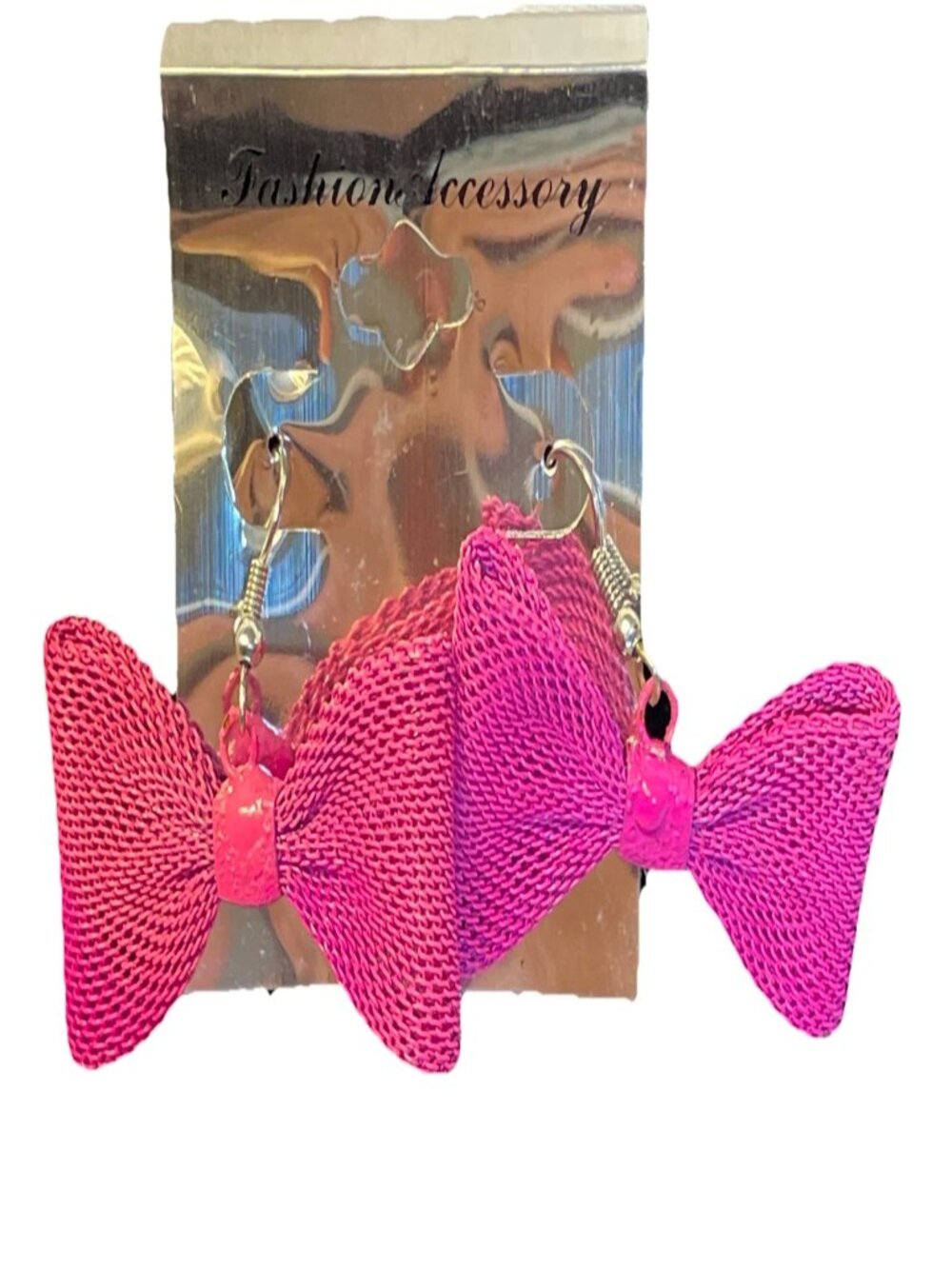 Pink Mesh Bow Dangle Earrings Magenta Waffle Knit Fashion Jewelry Cute